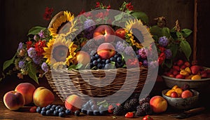 Fresh fruit basket on wooden table background generated by AI