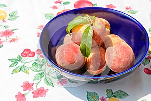 Fresh fruit in a blue bowl on a table