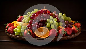 Fresh fruit bowl: grape, strawberry, orange, apple generated by AI