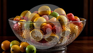 Fresh fruit bowl: orange, lemon, lime, grape generated by AI