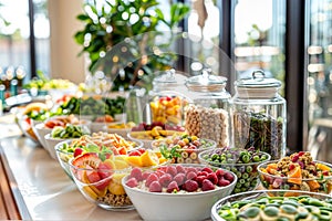 Fresh fruit buffet spread with natural light