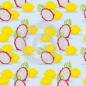 Fresh fruit, Dragon fruit and lemon, seamless pattern