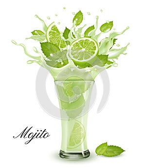 Fresh fruit drink splash. Whole and sliced lime and green mint  in a fresh mojito cocktail with splashes and drops isolated on