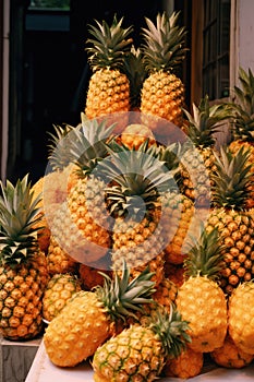 Fresh fruit food closeup background nature sweet pineapple green healthy tropical market
