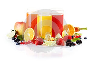 Fresh fruit with glasses of juice