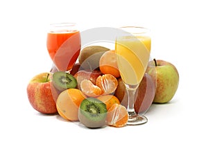 Fresh fruit and glasses of juice isolated on white