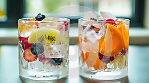 Fresh Fruit and Ice Cubes in Sunlit Glasses