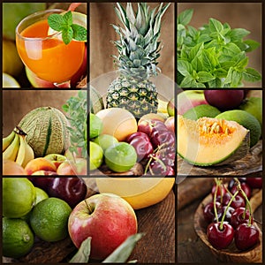 Fresh fruit and juice collage