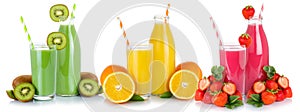 Fresh fruit juice drinks smoothies glass and bottle isolated