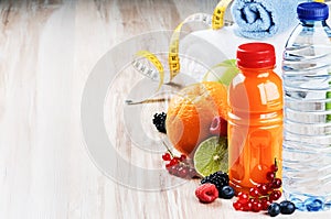 Fresh fruit juice and fitness accessories