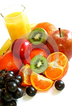 Fresh fruit and juice isolated on white