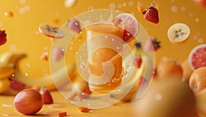 Fresh Fruit Juice Splash in Glass Surrounded by Flying Fruit Slices and Berries on Vibrant Yellow Background