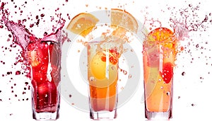 Fresh fruit juices splashing from glasses on white background, set