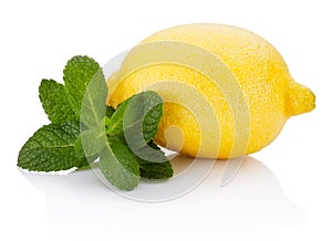 Fresh fruit lemon with leaf green mint isolated on white background