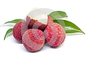 Fresh fruit lychee with green leaf on white background