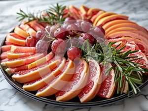 Fresh Fruit Platter with Assorted Sliced Citrus and Grapes on Stylish Black Plate with Rosemary Garnish on Marble Background