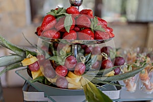 Fresh fruit platter with strawberries, grapes, and pineapple, beautifully arranged for a banquet or buffet