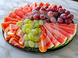 Fresh Fruit Platter with Watermelon, Grapes and Citrus on Marble Background for Healthy Eating Concept