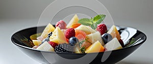 Fresh Fruit Salad in a Black Bowl with Mint.