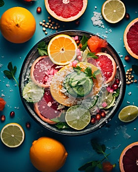 fresh fruit salad with citrus slices cucumbers and tomatoes on a blue background