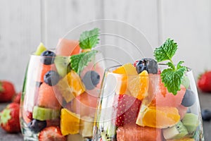 Fresh fruit salad in glass. Close up