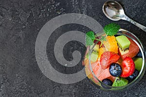 Fresh fruit salad in glass. Top view