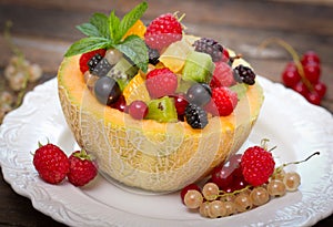 Fresh fruit salad in the melon