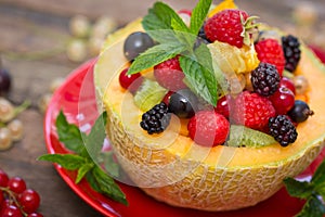 Fresh fruit salad in the melon
