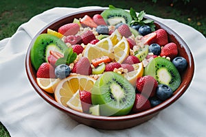 A fresh fruit salad on a picnic blanket