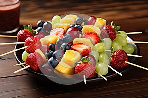 Fresh fruit salad on skewers on wooden table, close-up, Fruit skewers on a wooden table. Fresh fruits and berries, AI Generated