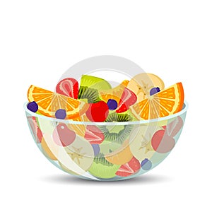 Fresh fruit salad in a transparent bowl isolated on background. The concept of healthy and sports nutrition. Vector illustration