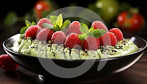 Fresh fruit salad on wooden plate, a healthy summer snack generated by AI