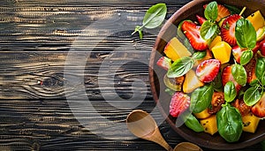 Fresh fruit salad on wooden table, a healthy summe photo