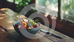 Fresh fruit salad on wooden table, a healthy summe photo