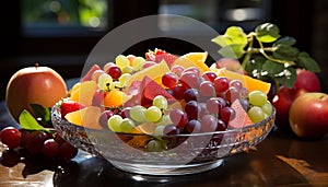 Fresh fruit salad on wooden table, a healthy summer dessert generated by AI
