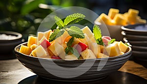 Fresh fruit salad on wooden table, a healthy summer snack generated by AI