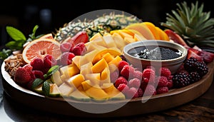 Fresh fruit salad on wooden table, a healthy summer snack generated by AI