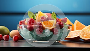 Fresh fruit salad on wooden table, a healthy summer snack generated by AI