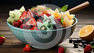 Fresh fruit salad on wooden table, a healthy summer snack generated by AI