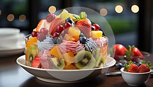 Fresh fruit salad on wooden table, a healthy summer snack generated by AI