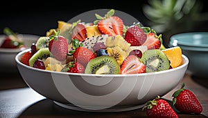 Fresh fruit salad on wooden table, a healthy summer snack generated by AI