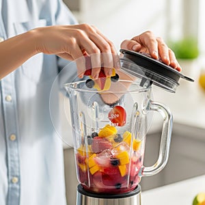 Fresh Fruit Smoothie in Blender with Hand Adding Fruit