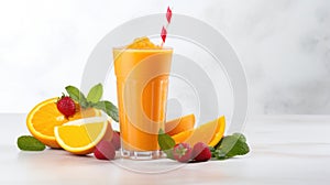 Fresh fruit smoothies fruits orange juice drink straw in a cup on white background