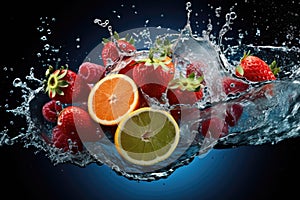 Fresh fruit splashing into clear water, Fresh fruits into clear water splash background Ai generated