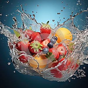 Fresh fruit splashing into clear water, Fresh fruits into clear water splash background Ai generated