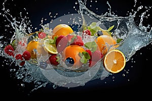 Fresh fruit splashing into clear water, Fresh fruits into clear water splash background Ai generated