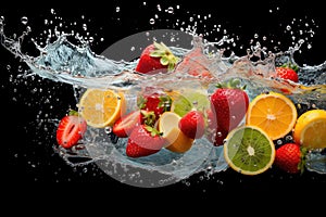 Fresh fruit splashing into clear water, Fresh fruits into clear water splash background Ai generated