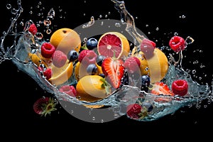 Fresh fruit splashing into clear water, Fresh fruits into clear water splash background Ai generated