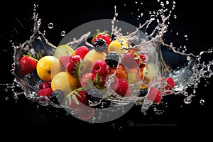 Fresh fruit splashing into clear water, Fresh fruits into clear water splash background Ai generated