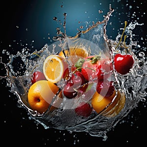 Fresh fruit splashing into clear water, Fresh fruits into clear water splash background Ai generated